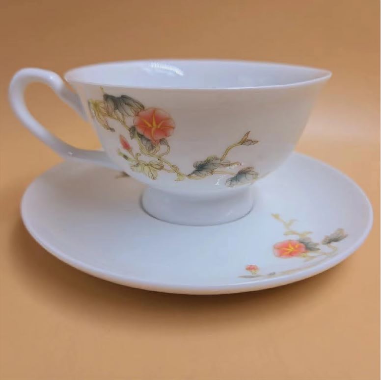 釉中彩高腳咖啡杯二件組圓托牽牛花$1280(杯身10.5x6杯托15x1.8)